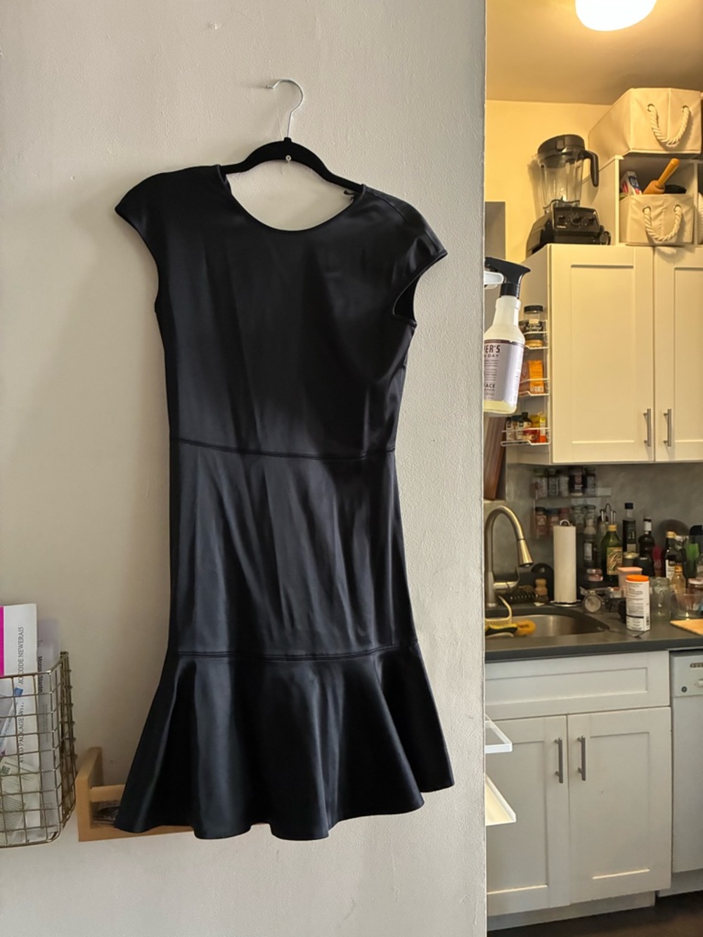 Theory Black Cap-Sleeve Mini Dress with Flounce Hem